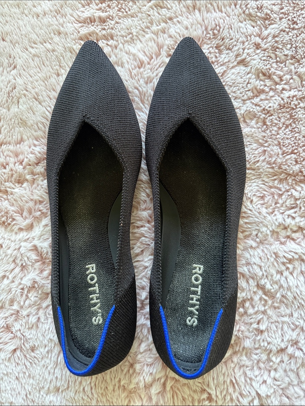 Rothy's Black Pointed Knit Flats with Blue Heel Trim